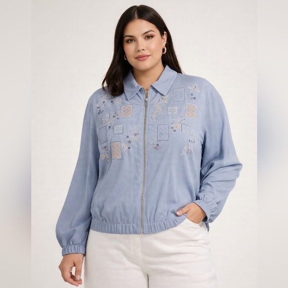 Alfred Dunner Jackets & Blazers - Alfred Dunner Ultra Suede Embroidered Patchwork Zippered Jacket Baby Blue 24W